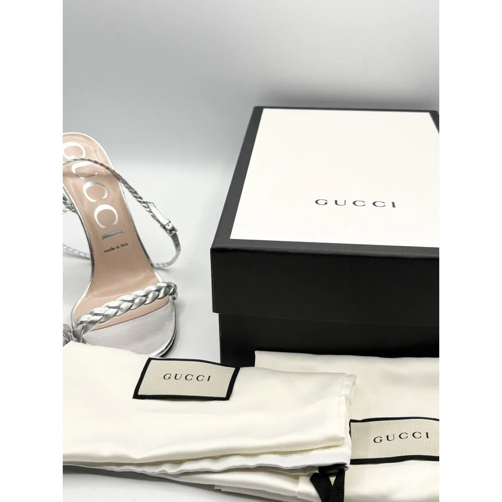 Gucci Silver Braided Strap Nappa Leather Stiletto Heels Sandals SZ EU 39 - Picture 15 of 15